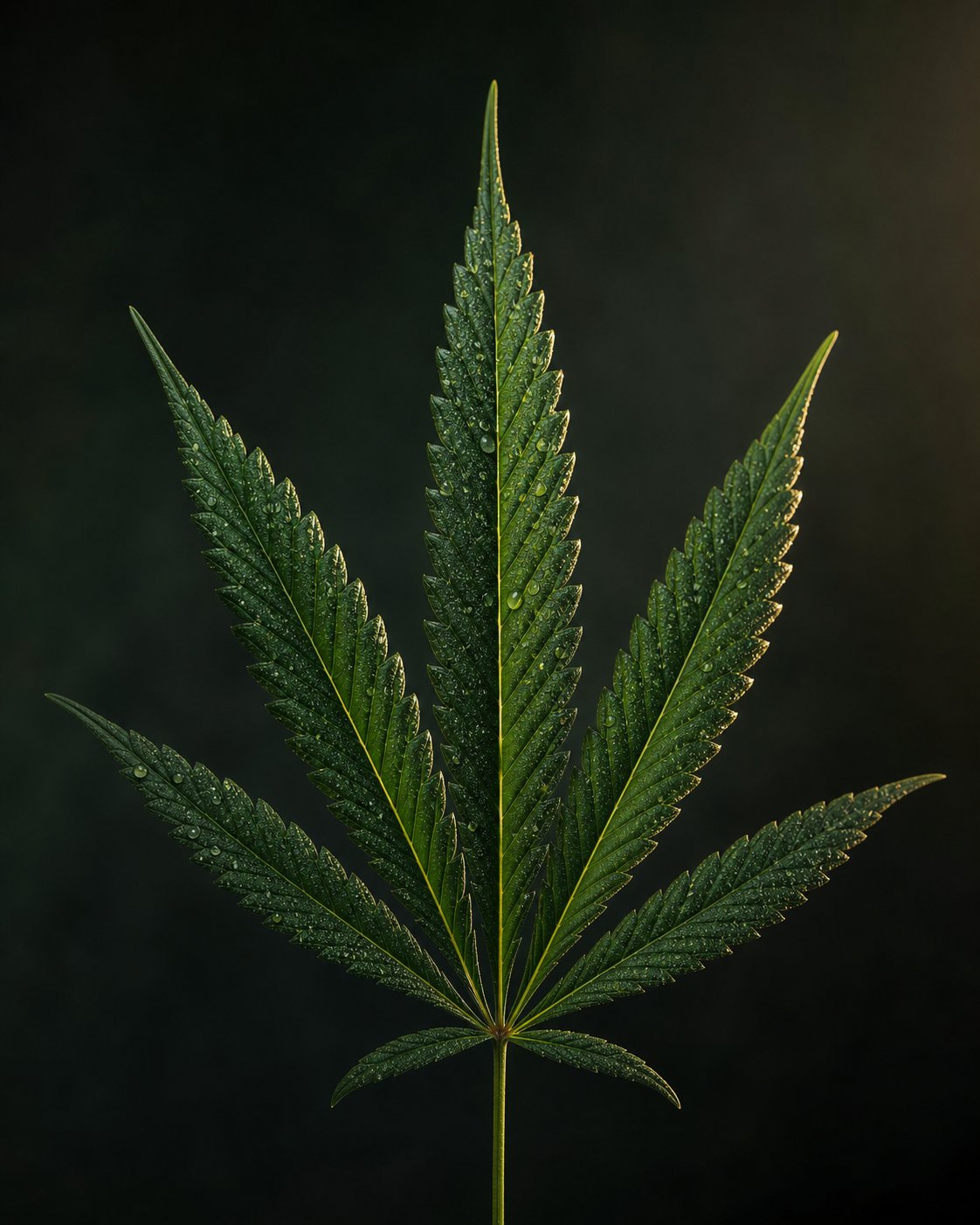 Macro photograph of a dew-covered cannabis leaf — premium Berlin cannabis culture
