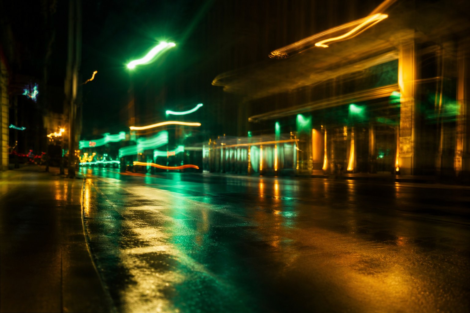 Berlin nightlife — long-exposure light trails in green and gold, Berlin party and club culture